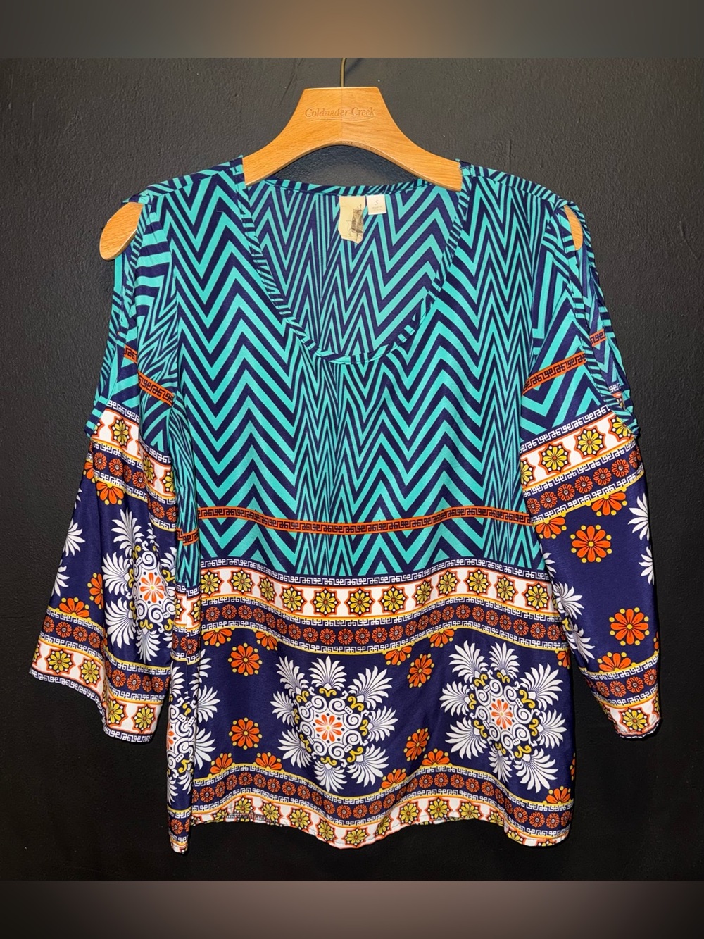 Francesca's Birdcage label Chevron Floral Cold Shoulder 3/4 Sleeve Blouse Top